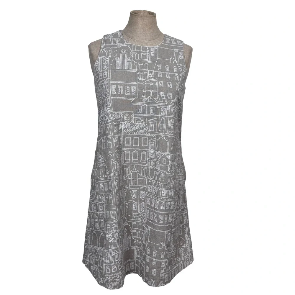 J. McLaughlin Cityscapes Shift Dress Sleeveless XS Taupe Preppy MOD Artsy Modern